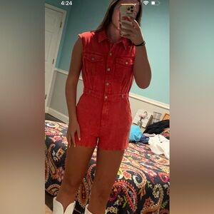 Red denim romper